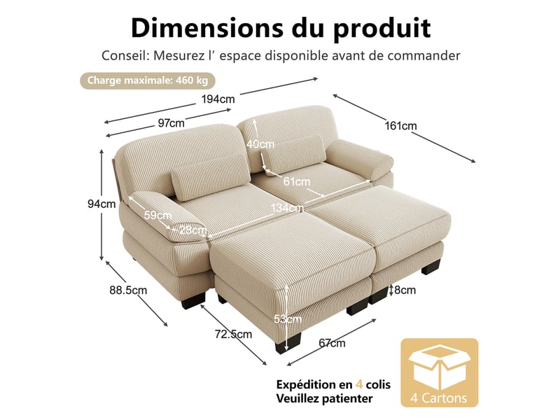  Canapé modulable 2 places 194x161x94 cm avec 2 poufs en velours côtelé beige  - Conforama C