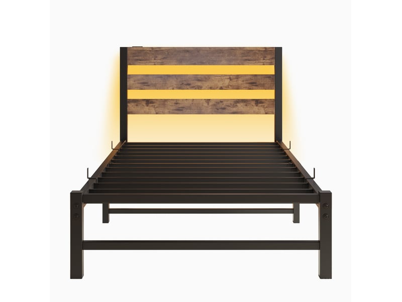  Lit simple métallique 90 x 200 cm, éclairage led et station de charge usb, décor en bois, noir et marron, sans matelas  - Conforama A