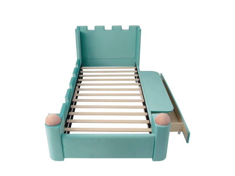  Lit simple enfant capitonné avec tablette latérale rabattable, tiroir de rangement, motif château, coussins moelleux anti-choc, velours français, bleu canard, 90 x 200 cm  - Conforama D