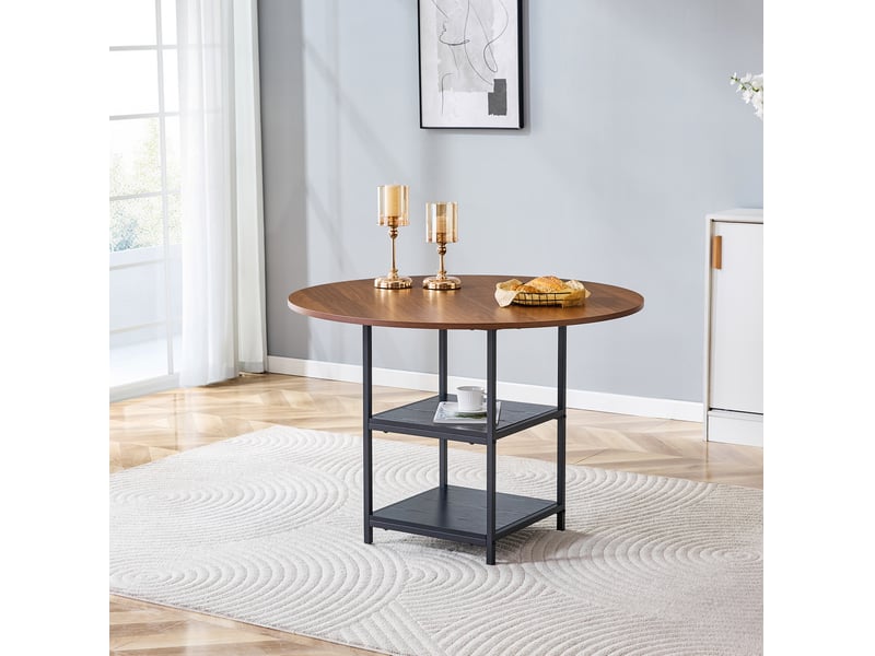Table à manger ronde, 107x75 cm, industrielle avec double espace, plateau mdf, piètement métal, coloris noir et noyer - Conforama D