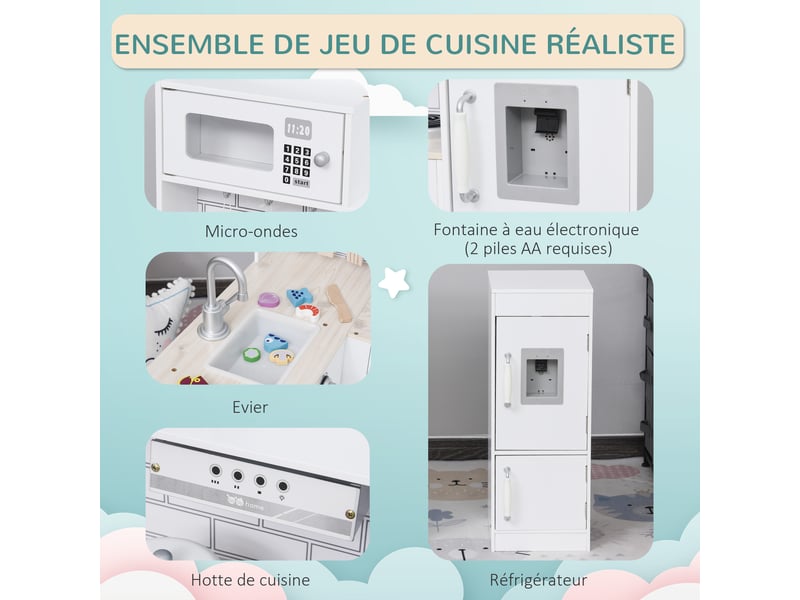 Cuisine bois jeu d'imitation - cuisine enfant 3+ ans - nombreux accessoires & rangements inclus - micro-ondes, hotte, évier avec robinet - mdf pin blanc - Conforama R