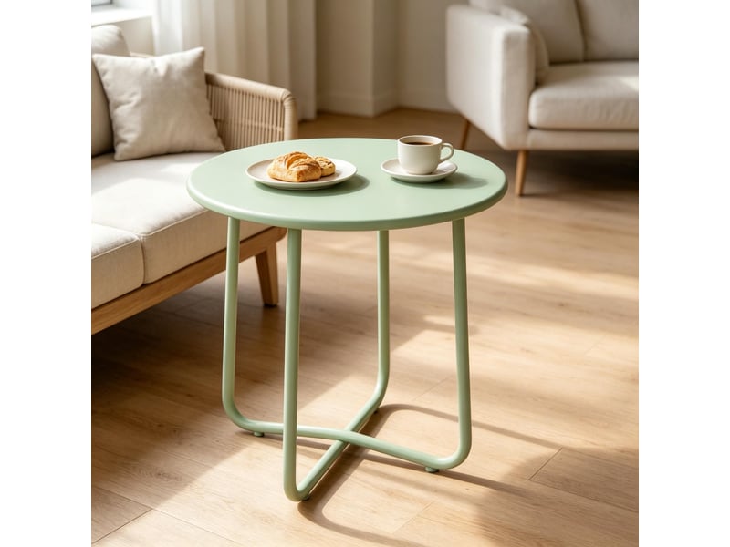  Table basse de jardin avec piètement croisé et patins réglables, style minimaliste, en métal, vert, ø 48 × 51 cm  - Conforama C