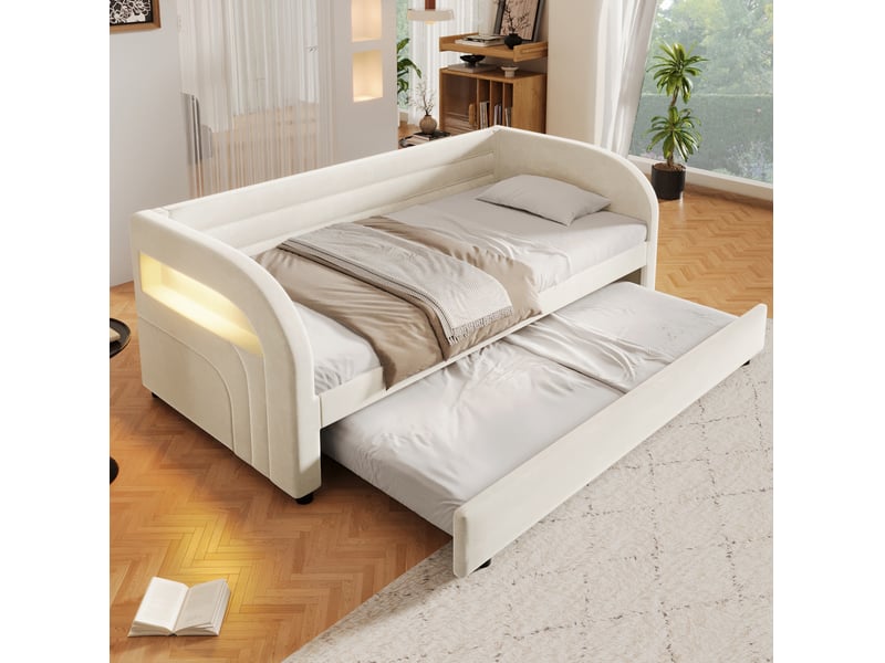  Lit 90x200 cm rembourré beige avec lit gigogne, led multicolore et sommier  - Conforama E