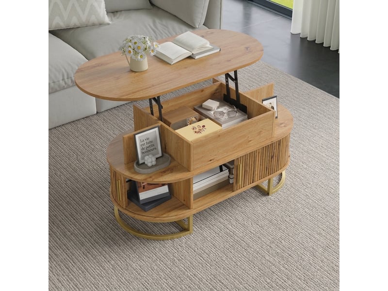 Table basse relevable ovale en mdf naturel avec rangement caché et portes coulissantes - Conforama E
