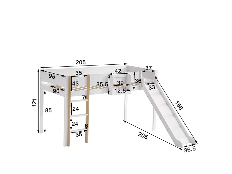  Lit mezzanine enfant avec toboggan 90x200 cm, lit surélevé cabane avec échelle à 3 marches et étagère amovible, blanc et naturel  - Conforama E