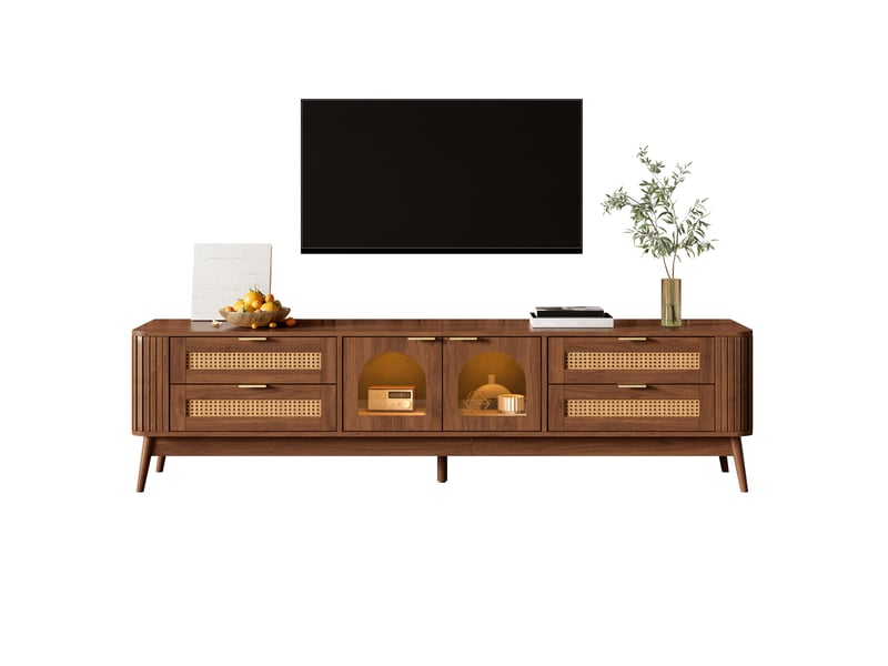  Meuble tv 180 cm avec led, 4 tiroirs en rotin, 2 portes cintrées en verre trempé, poignées métal, pieds en bois massif, noyer Sol Morn - Conforama A