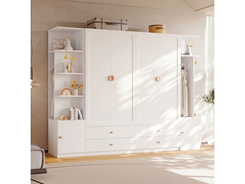 Armoire 6 portes 270 x 45 x 200 cm, portes battantes, 4 tringles à vêtements, 4 tiroirs, grand espace de rangement, blanc Bliss Lite - Conforama D