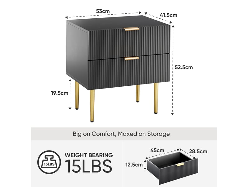  Table de chevet 53x41,5x52,5 cm, 2 tiroirs, motif ondulé moderne, meuble de chambre, pieds métal, rangement, mdf noir  - Conforama C