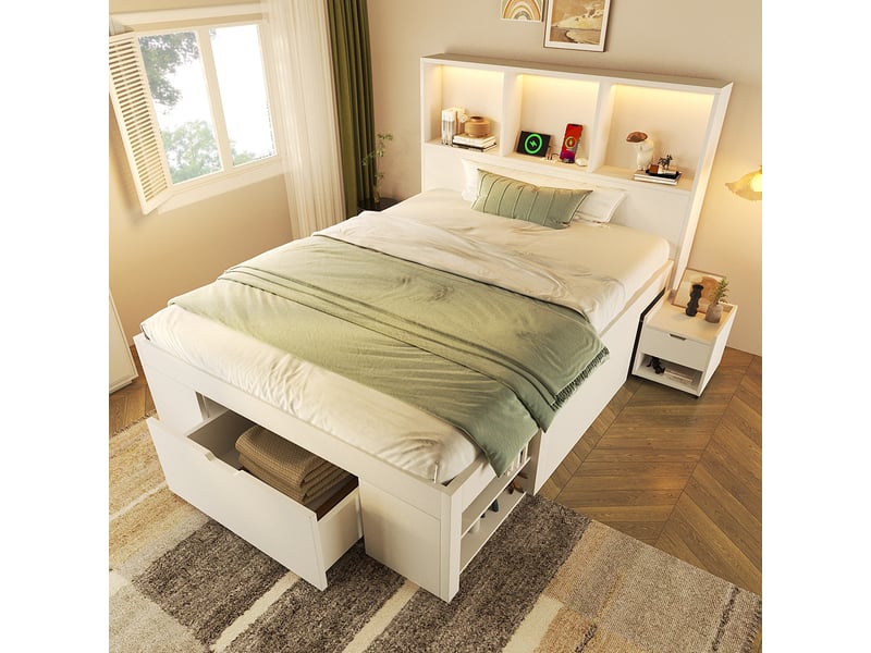 Lit simple lit enfant 90x200 cm avec chevet mobile led bluetooth 3 usb-c tiroir et rangements blanc OPULERANE TRADING LTD - Conforama B