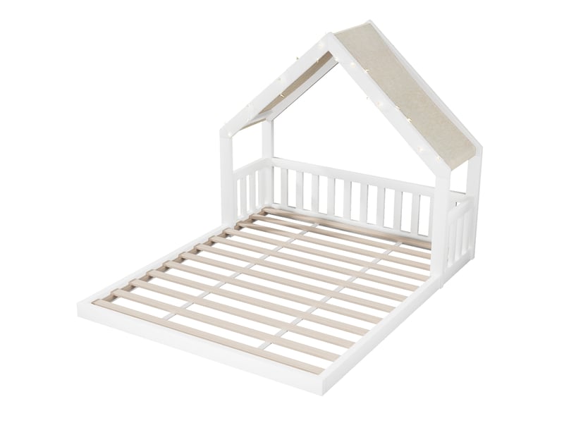  Lit cabane enfant 140x200 cm blanc mdf et pin, toit tissu et guirlande lumineuse  - Conforama D