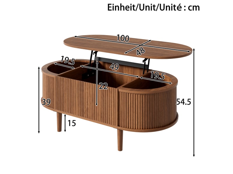  Table basse ovale relevable avec rangement, table salon effet ondulé, mdf noyer  - Conforama C