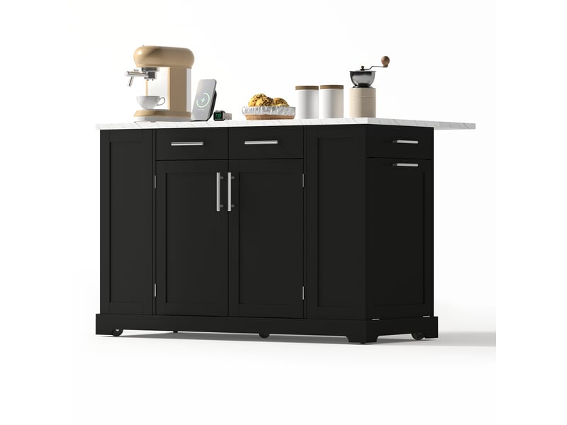 Îlot de cuisine mobile 138 × 86 × 92 cm noir, mdf, plateau effet marbre rabattable, prises eu, usb, type-c et bac coulissant - Conforama A