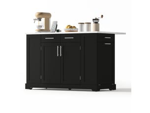 Îlot de cuisine mobile 138 × 86 × 92 cm noir, mdf, plateau effet marbre rabattable, prises eu, usb, type-c et bac coulissant