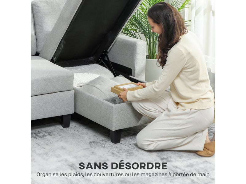 Canapé d'angle convertible réversible, canapé-lit 3 places, méridienne, 197lx129x 85cm, coffre de rangement, gris clair - Conforama R