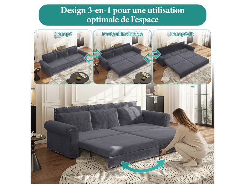  Canapé convertible 3 places gris en velours avec accoudoirs arrondis, 238 cm Fay Lum - Conforama D