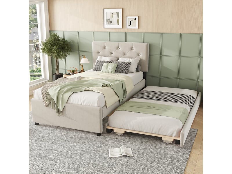  Lit rembourré 90x200 cm avce lit gigogne, lit enfant avec sommier a lattes, lit 1 personne avec tiroir coulissant, beige, velours  - Conforama D