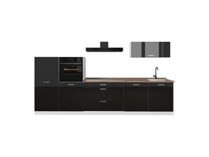 Vicco cuisine, noir haute brillanceblanc, 340cm plan de travail chêne doré