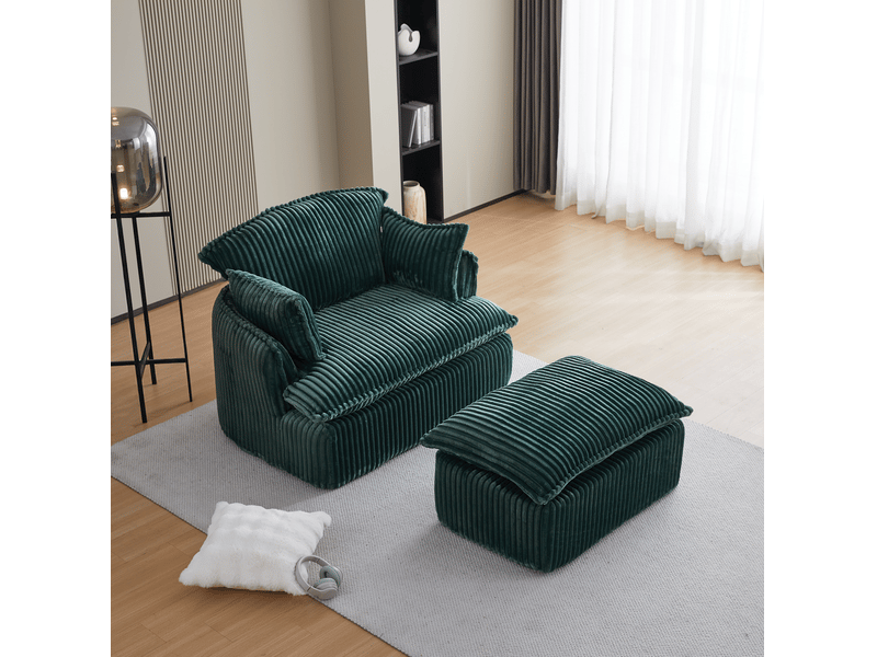 Fauteuil avec pouf vert en velours côtelé, compressé, 115 x 89 x 77 cm - Conforama D