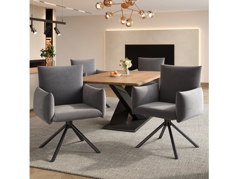 Lot de 4 chaises salle à manger 60x88 cm en velours gris, pivotantes à 360°, 4 pieds métal, fauteuils dotés d'accoudoirs rembourrés  - Conforama B