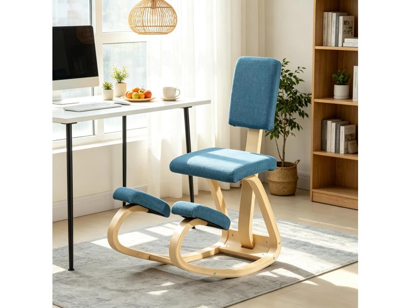  Chaise à genoux à bascule avec dossier en bois de bouleau et tissu bleu foncé  - Conforama C
