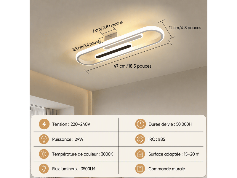  Plafonnier led ovale moderne, l47 x w12 x h5,5 cm, lampe de plafond 29 w 2447 lm, blanc sable et noir, 3000 k blanc chaud, salon, chambre, cuisine  - Conforama C