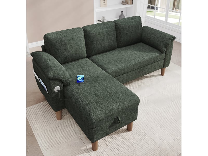 Canapé d'angle 3 places 181x125x88 cm avec méridienne et rangement vert  - Conforama E