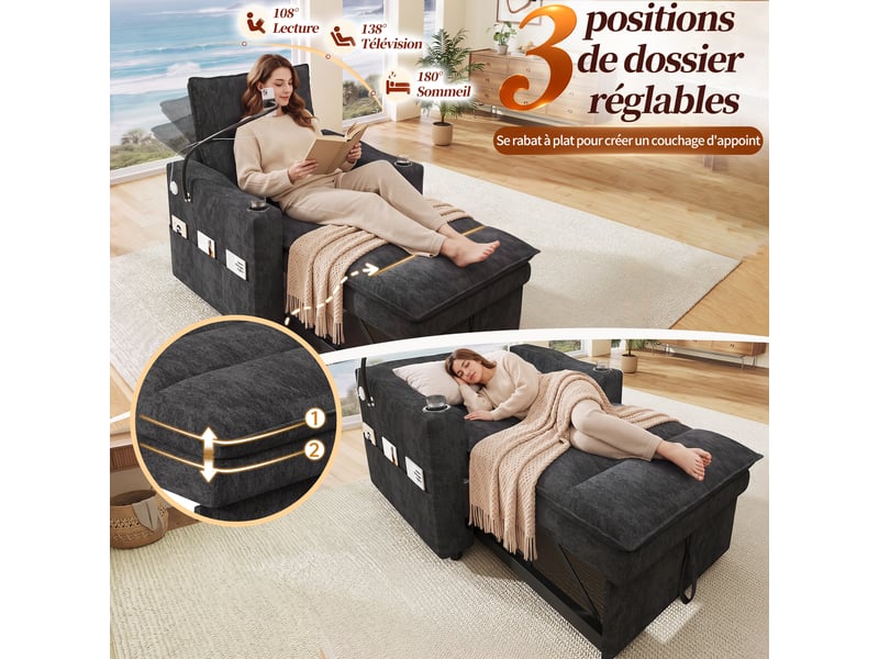  Fauteuil convertible 3-en-1 94x147x91 cm, chauffeuse et canapé-lit, fonction convertible, dossier réglable, ports usb et type-c, chenille gris CozyNest - Conforama E