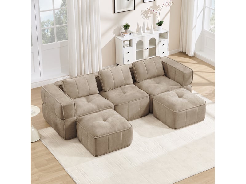  Canapé modulable en u modenvie 3 places avec 2 poufs, mousse haute densité 32d, assise profonde, tissu polyester sable, sans montage, 271 x 162 x 67 cm  - Conforama D