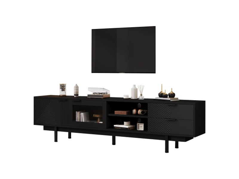  Meuble tv moderne et épuré 200 x 40 x 50,5 cm, doté de 2 portes et 2 tiroirs. Ce meuble offre un grand espace de rangement, supporte une charge totale de 45 kg et convient aux téléviseurs jusqu'à 80 pouces. Couleur : noir.  - Conforama A