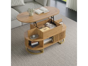 Table basse relevable ovale 100x50 cm – naturel – rangement avec portes coulissantes et étagère