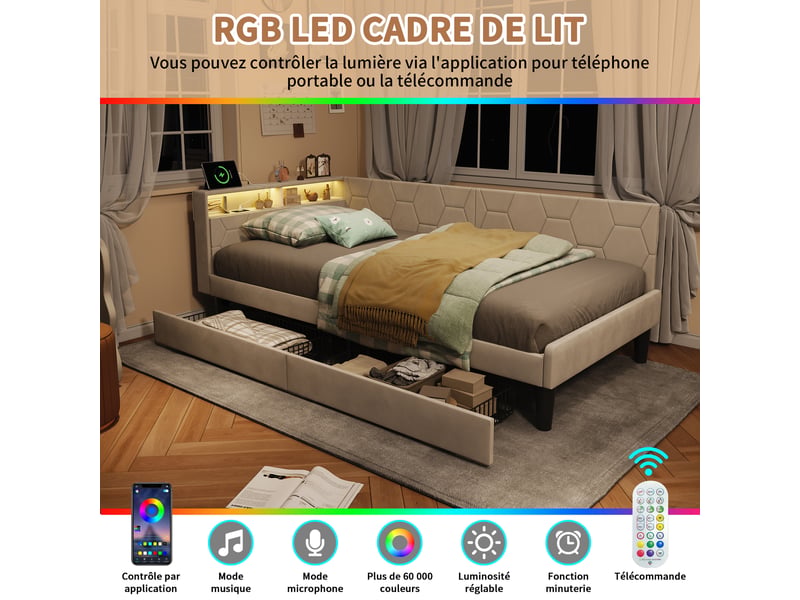 Lit banquette 90x200 cm avec led rgb et usb chargeur, canapé-lit rembourré avec rangement et tête de lit capitonnée lit ado avec tiroirs et cadre de lit à lattes beige velours, sans matelas - Conforama E