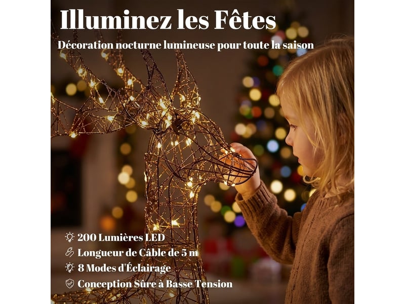  Lot de 3 rennes lumineux noël extérieur 120 cm, cerf lumineux noël avec 200 led blanc chaud, 8 modes et minuterie  - Conforama E