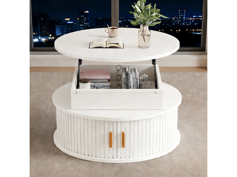  Table basse ronde relevable 75x75x52 cm blanche avec led et rangement  - Conforama E