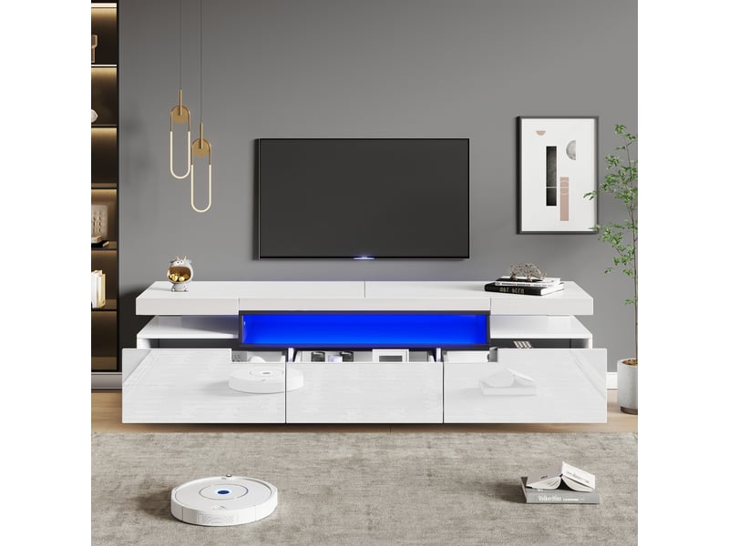  Meuble tv blanc laqué 160 cm led 16 couleurs - pour écran jusqu'à 70 pouces 3 tiroirs  - Conforama C