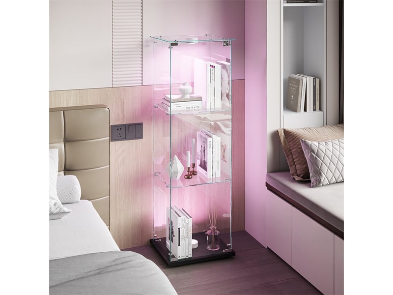  Vitrine en verre 123.3x39.8x35cm - vitrine 1 porte 3 niveaux avec lampe tactile et base noire - meuble de présentation - noir  - Conforama D