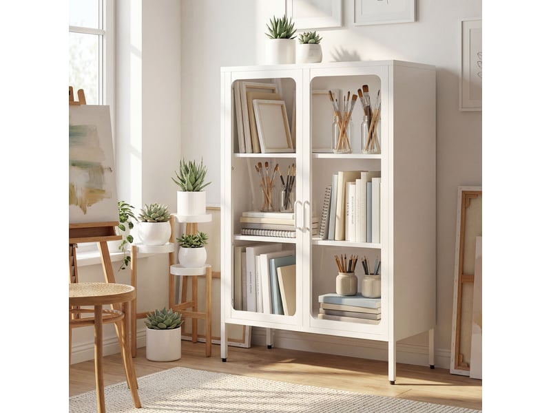  Armoire de bureau avec 2 portes en verre, 2 étagères réglables, meuble de rangement bureau en acier, blanc, 80x40x110cm  - Conforama R