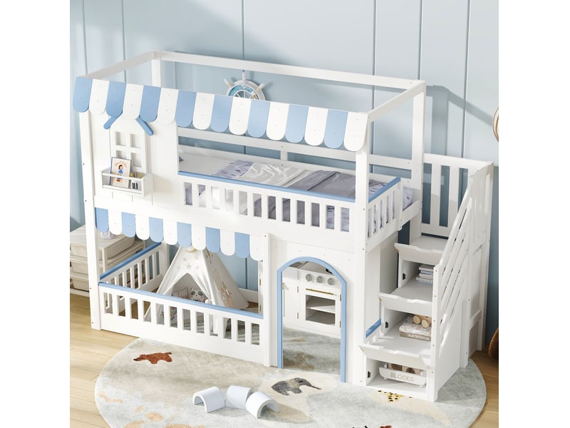  Lit superposé enfant 90x200cm, lit avec rangement, escalier et fenêtres décoratives, mdf, blanc et bleu sans matelas  - Conforama E