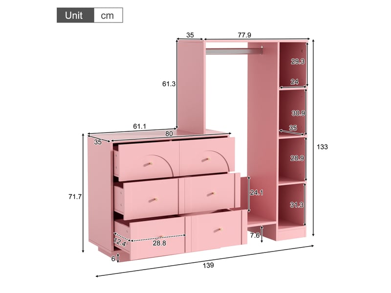  Armoire de chambre ouverte, tringle à vêtements, 6 tiroirs et étagères latérales, 139 x 35 x 133 cm, rose  - Conforama C