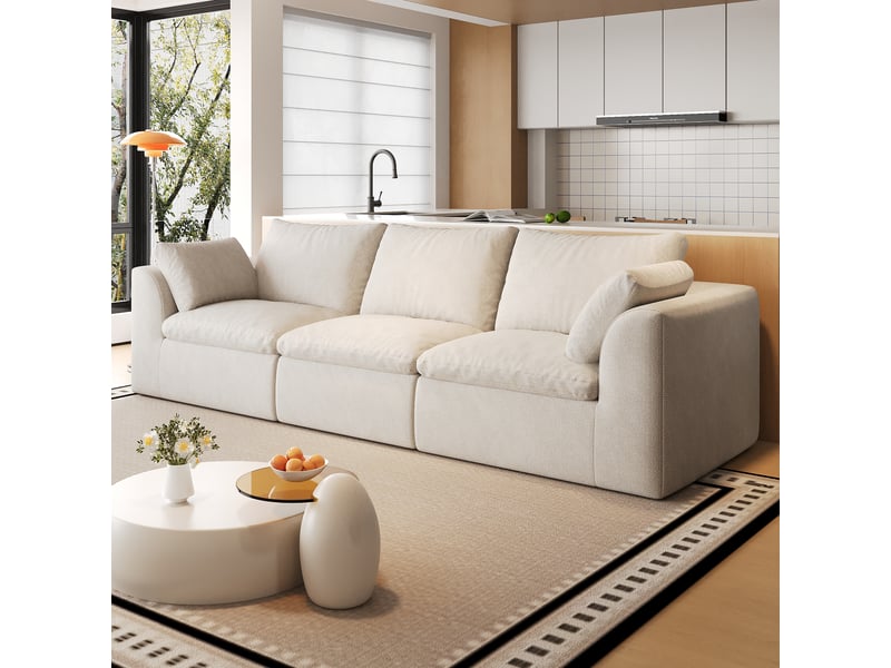  Canapé droit 4 places en tissu lin beige et blanc, 245 cm, mousse compressée IKSETERA TRADING LTD - Conforama D