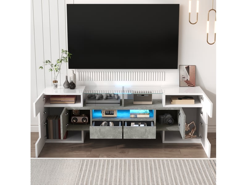  Meuble tv 145 cm blanc brillant effet béton, led, 6 portes et 2 tiroirs  - Conforama D