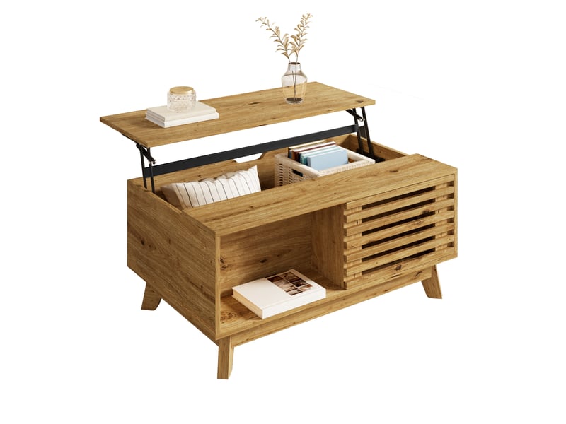  Table basse 90x55 cm, couleur bois, mdf, plateau relevable et rangement modulable, style rétro moderne  - Conforama A
