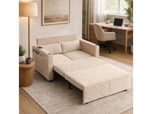 Canapé droit convertible 2 places en tissu beige avec ports usb, coulissant 3 en 1 pour petits espaces