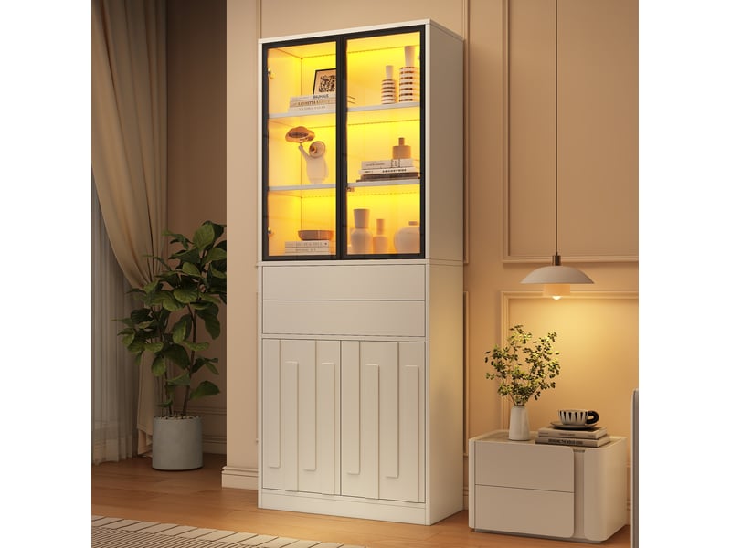  Buffet haut 70x34x180 cm, en panneaux de particules avec led, 2 tiroirs, style moderne, pour la maison, coloris blanc  - Conforama D
