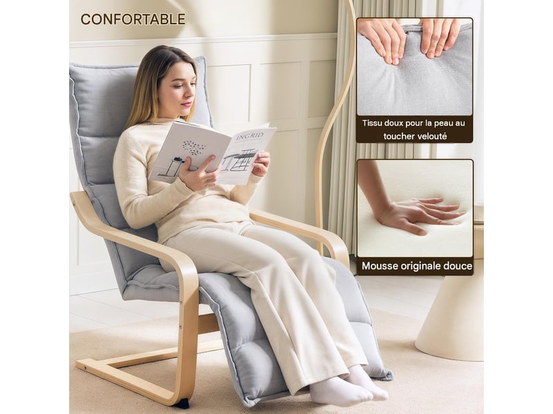  Fauteuil relax avec repose-pieds réglable en bois de bouleau tissu gris clair  - Conforama D