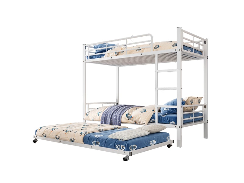 Lit superposé 3 places 90 × 200 cm et 90 × 190 cm avec lit gigogne, barrières et échelle, sans matelas, métal blanc  - Conforama A
