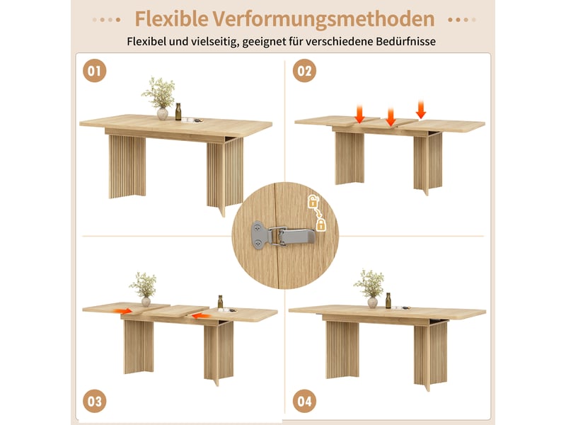Table à manger extensible 120-160x80x76,1 cm en mdf finition chêne clair ou noyer, pieds en v à stries verticales, charge 60 kg. - Conforama E