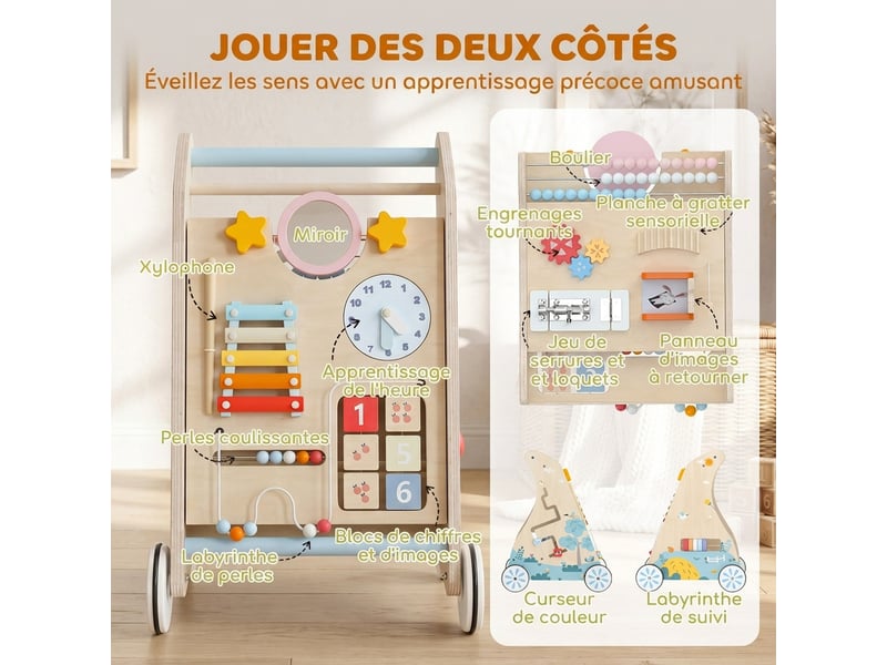 Chariot de marche en bois trotteur bébé avec tableau d'activités - Conforama E