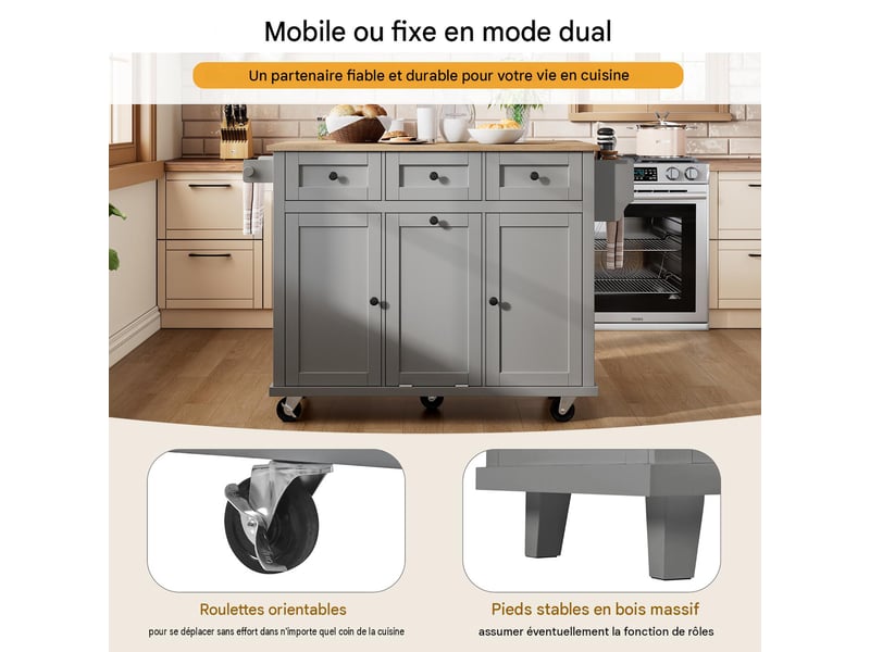  Ilot de cuisine extensible sur roulettes mdf gris et naturel 131x46x93 cm - pangivo  - Conforama D
