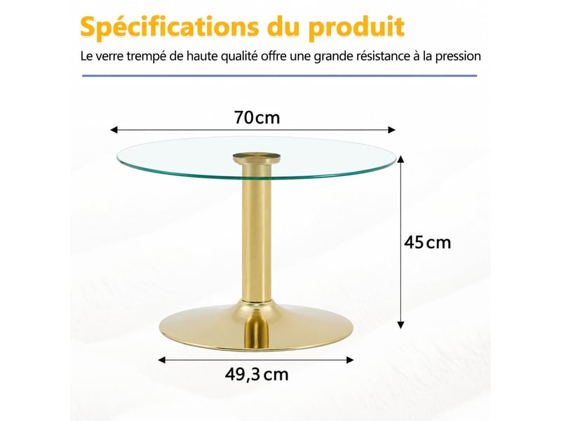  Table basse ronde en verre, structure en métal doré, diamètre de 70 cm, table de salon moderne avec plateau en verre trempé.  - Conforama C