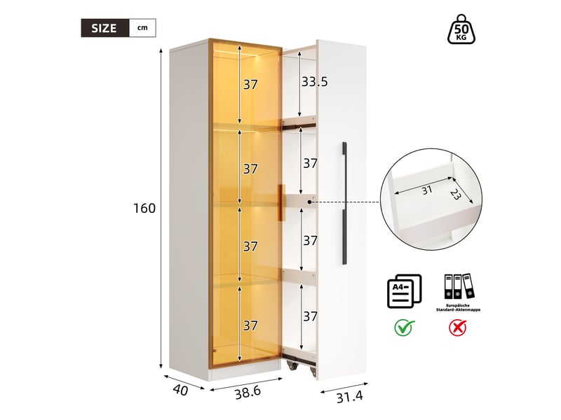  Vitrine d'exposition - 70x40x160cm - armoire rangement coulissante avec verre trempé &amp; led - blanc  - Conforama E